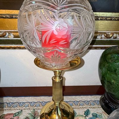 Sale Photo Thumbnail #455: Cut Crystal Hurricane Candle Holder with Brass Stand