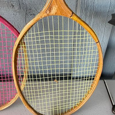 Sale Photo Thumbnail #1136: Vintage Wooden Badminton Racket with Steel Shaft