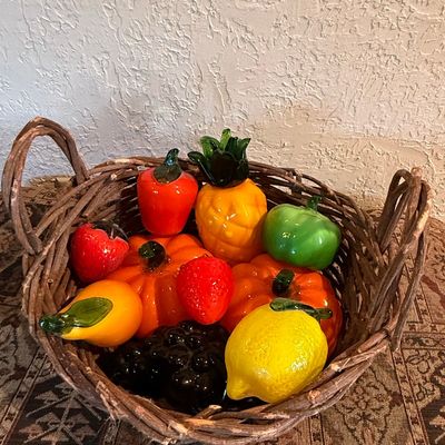 Sale Photo Thumbnail #278: Vintage Murano-Style Art Glass Fruit Collection in Wicker Basket