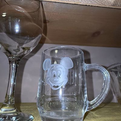 Sale Photo Thumbnail #1211: Vintage Disney Mickey Mouse Etched Glass Mug