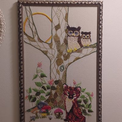 Sale Photo Thumbnail #781: Vintage Woodland Creatures Crewel Embroidery Wall Art