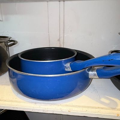 Sale Photo Thumbnail #962: Vintage Blue Enamel Cookware Set