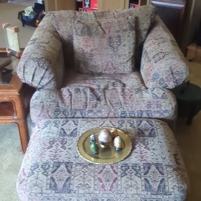 Sale Photo Thumbnail #57: Oversized Southwestern Tapestry Upholstered Armchair and Ottoman