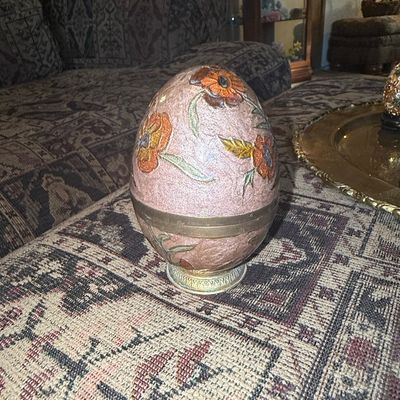 Sale Photo Thumbnail #1001: Vintage Enameled Brass Floral Egg Trinket Box
