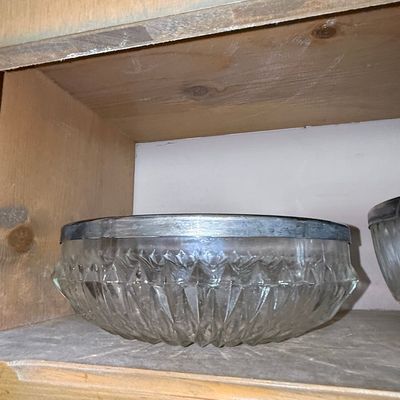 Sale Photo Thumbnail #312: Vintage Cut Glass Serving Bowl with Silver-Plated Rim