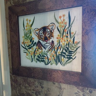 Sale Photo Thumbnail #770: Vintage Tiger Cub Crewel Embroidery Wall Art