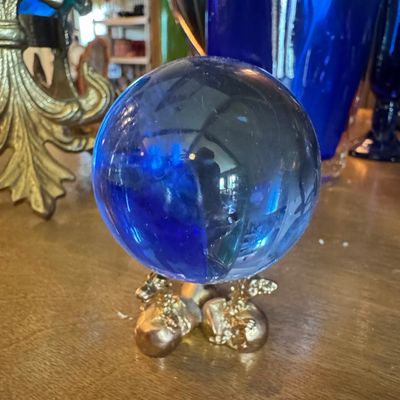 Sale Photo Thumbnail #532: Vintage Cobalt Blue Glass Sphere on Figural Metal Stand