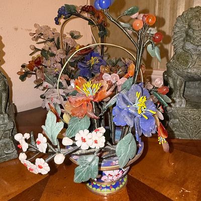 Sale Photo Thumbnail #256: Vintage Chinese Hardstone Flower Arrangement in Cloisonné Basket