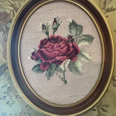 Sale Photo Thumbnail #1129: Vintage Oval Floral Needlepoint Wall Art