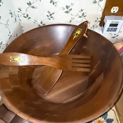 Sale Photo Thumbnail #1020: Vintage Mid-Century Modern Staved Wooden Salad Bowl Set with Hand-Painted Folk Art Utensils