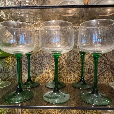 Sale Photo Thumbnail #513: Vintage Luminarc Alsace Green Stem Wine Glasses
