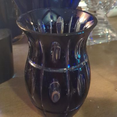 Sale Photo Thumbnail #826: Vintage Bohemian Cobalt Blue Cut-to-Clear Crystal Vase