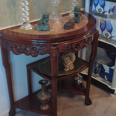 Sale Photo Thumbnail #77: Mid-20th Century Chinese Carved Hardwood Demilune Console Table