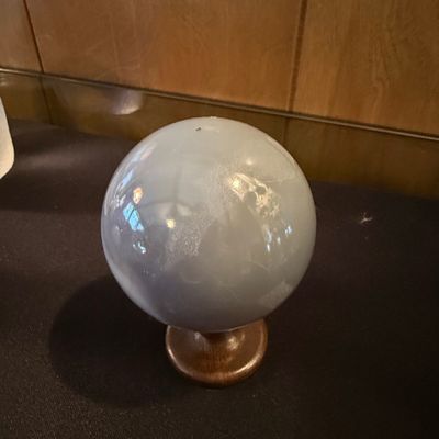 Sale Photo Thumbnail #1007: Vintage Blue Calcite Crystal Sphere on Wooden Stand