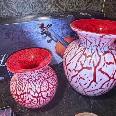 Sale Photo Thumbnail #469: Pair of Murano-Style Red and White Crackle Glass Vases