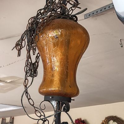 Sale Photo Thumbnail #102: Vintage Mid-Century Modern Amber Crackle Glass Wrought Iron Swag Lamp