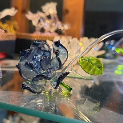 Sale Photo Thumbnail #1091: Hand-Blown Art Glass Blue Rose Figurine