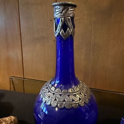 Sale Photo Thumbnail #488: Vintage Cobalt Blue Glass Decanter with Silver Overlay