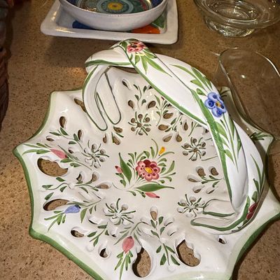 Sale Photo Thumbnail #799: Vintage RCCL Portugal Hand-Painted Reticulated Porcelain Basket