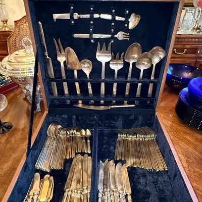 Sale Photo Thumbnail #158: Vintage Thai Nickel Bronze Flatware Set in Original Wooden Chest