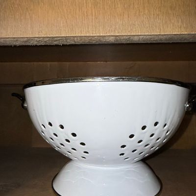 Sale Photo Thumbnail #969: Vintage White Enamelware Colander