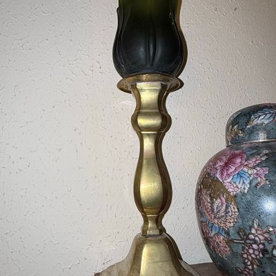 Sale Photo Thumbnail #639: Vintage Brass and Frosted Glass Tulip Candlestick