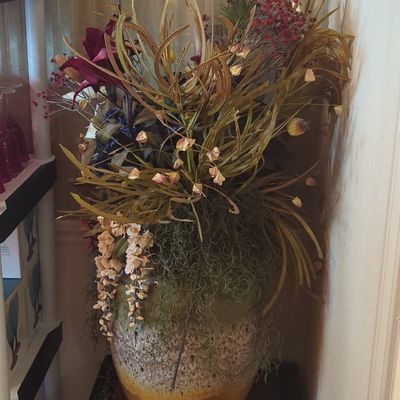 Sale Photo Thumbnail #302: Mid-Century Modern Style Drip Glaze Ceramic Floor Vase with Artificial Floral Arrangement