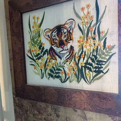 Sale Photo Thumbnail #629: Vintage 1970s Bucilla Crewel Embroidery Animal Wall Art