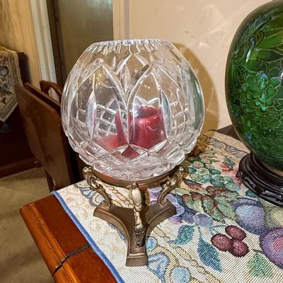 Sale Photo Thumbnail #652: Vintage Cut Crystal Rose Bowl on Brass Stand