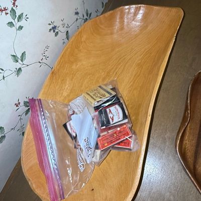 Sale Photo Thumbnail #195: Vintage Hand-Carved Wooden Leaf-Shaped Serving Tray with Matchbook Collection