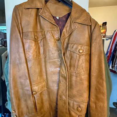 Sale Photo Thumbnail #295: Vintage 1970s Tan Leather Safari Jacket