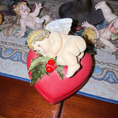 Sale Photo Thumbnail #1232: Vintage Cherub Heart-Shaped Trinket Box
