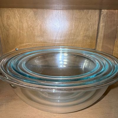 Sale Photo Thumbnail #909: Vintage Pyrex Blue Tint Glass Nesting Mixing Bowls