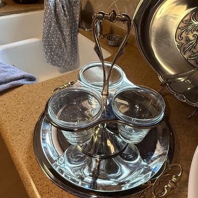 Sale Photo Thumbnail #801: Silver-Plated Three-Section Condiment Server with Glass Inserts