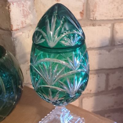 Sale Photo Thumbnail #338: Vintage Ajka Emerald Green Cut-to-Clear Crystal Pedestal Egg