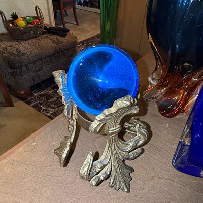 Sale Photo Thumbnail #264: Vintage Cobalt Blue Art Glass Sphere on Ornate Brass Stand