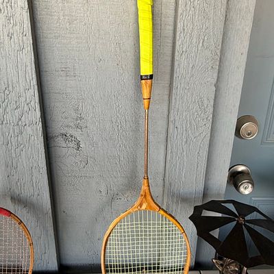 Sale Photo Thumbnail #1137: Vintage Wooden Badminton Racket with Steel Shaft