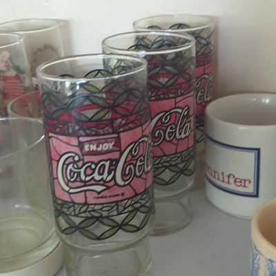 Sale Photo Thumbnail #1215: Set of 3 Vintage Coca-Cola 'Tiffany' Stained Glass Style Tumblers