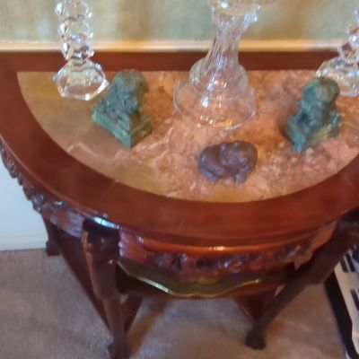 Sale Photo Thumbnail #76: Mid-20th Century Chinese Carved Hardwood Demilune Console Table