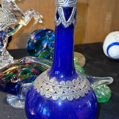 Sale Photo Thumbnail #477: Cobalt Blue Glass Decanter with Silver Overlay