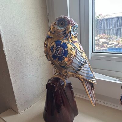 Sale Photo Thumbnail #766: Cloisonné Owl Figurine on Wooden Base