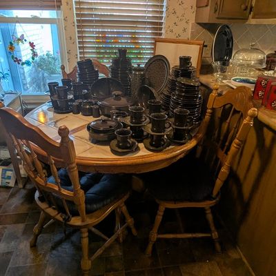 Sale Photo Thumbnail #116: Oak Tile-Top Dining Table with Leaf and Three Chairs