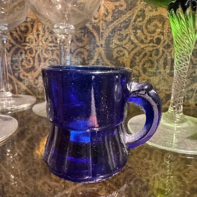Sale Photo Thumbnail #1199: Vintage Cobalt Blue Glass 'Dart and Ball' Miniature Mug