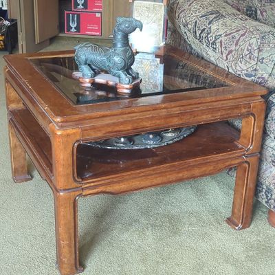 Sale Photo Thumbnail #132: Vintage Chinoiserie Ming-Style End Table with Inset Glass Top