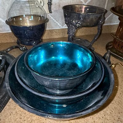 Sale Photo Thumbnail #369: Silver-Plated and Cobalt Blue Glass Serving Set