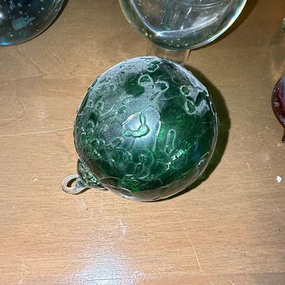 Sale Photo Thumbnail #1010: Vintage Green Hand-Blown Glass Witch Ball Ornament
