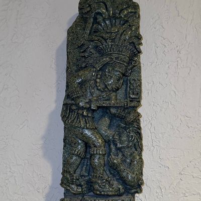 Sale Photo Thumbnail #575: Vintage Zarebski Mayan-Style Crushed Malachite Stone Relief Wall Plaque