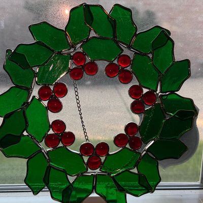 Sale Photo Thumbnail #1080: Stained Glass Holly Wreath Suncatcher
