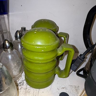 Sale Photo Thumbnail #1245: Vintage Avocado Green Ceramic Beer Stein Salt and Pepper Shakers
