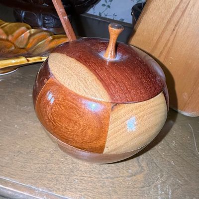 Sale Photo Thumbnail #1021: Mid-Century Modern Segmented Wood Apple Lidded Jar with Spoon
